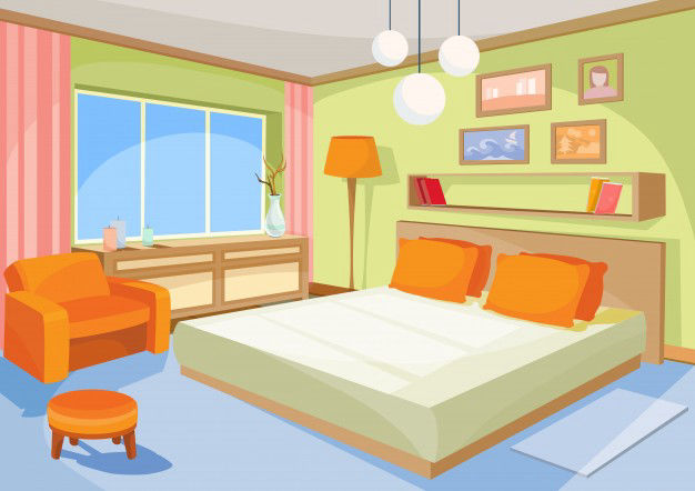 vector cartoon illustration interior orange blue bedroom a living room with a bed soft chair 1441 446